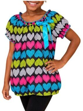 Tempted Girls Size 5 Top W/ Blue Bow Black Lining Heart Puff Sleeve Multicolor
